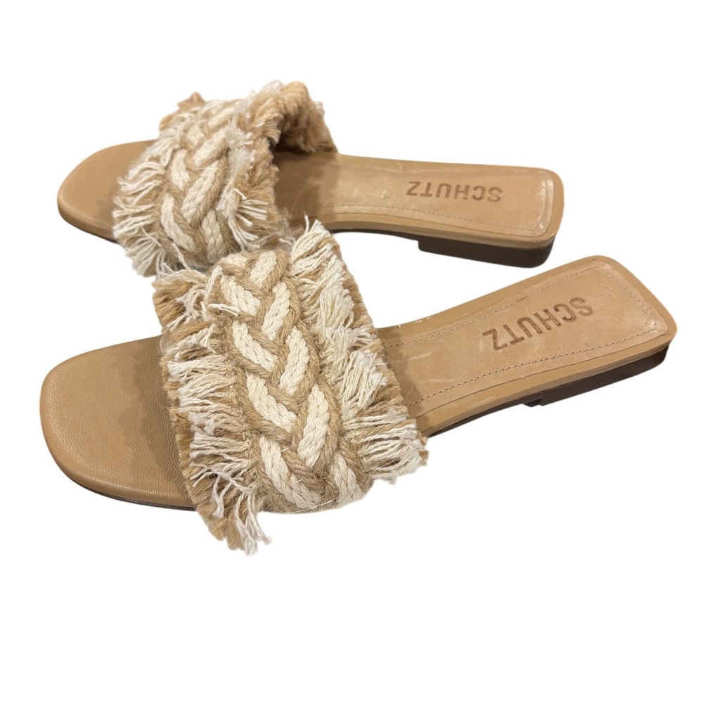 Schutz Tan Braided Jute Fringe Slide Sandals Square Toe Flat Women's 5B Brazil‎